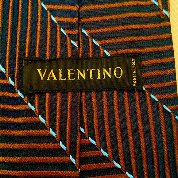 Valentino Italy Mens Neck Tie Brown Blue Ribbed Perpendicular Parallel Lines - Picture 4 of 5